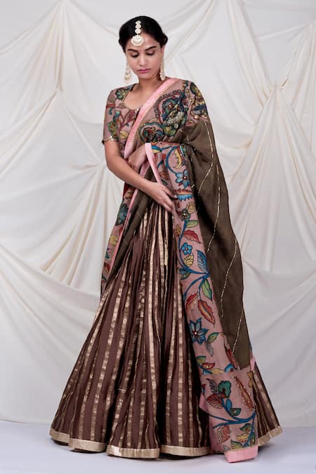 Shop_Aamra By Lavanya_Brown Chanderi , Embroidery Stripe Woven Lehenga Set _Online_at_Aza_Fashions