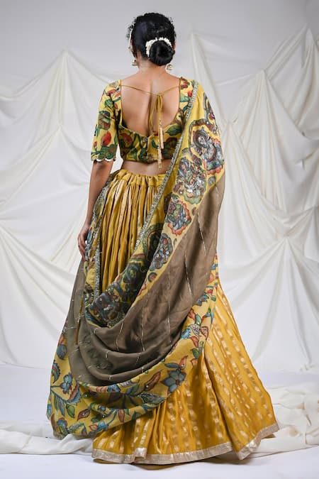 Shop_Aamra By Lavanya_Yellow , Chanderi Embroidery Asymmetric Floral Stripe Woven Lehenga Set _at_Aza_Fashions