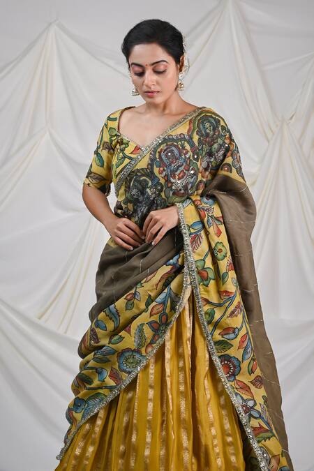 Aamra By Lavanya_Yellow , Chanderi Embroidery Asymmetric Floral Stripe Woven Lehenga Set _Online_at_Aza_Fashions