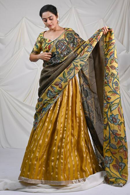 Shop_Aamra By Lavanya_Yellow , Chanderi Embroidery Asymmetric Floral Stripe Woven Lehenga Set _Online_at_Aza_Fashions