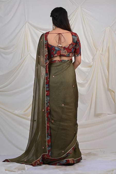 Shop_Aamra By Lavanya_Maroon Silk Hand Painted Floral Kalamkari Leaf Neck Blouse _at_Aza_Fashions