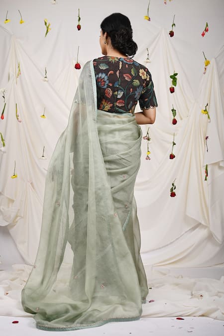 Shop_Aamra By Lavanya_Black Silk Hand Painted Flower Kalamkari Leaf Neck Blouse _at_Aza_Fashions