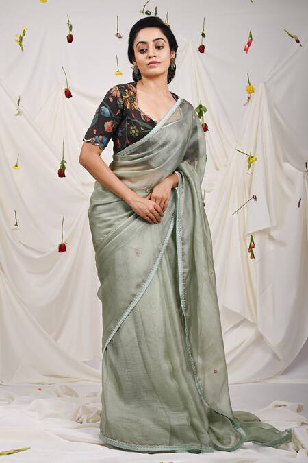 Aamra By Lavanya_Black Silk Hand Painted Flower Kalamkari Leaf Neck Blouse _Online_at_Aza_Fashions