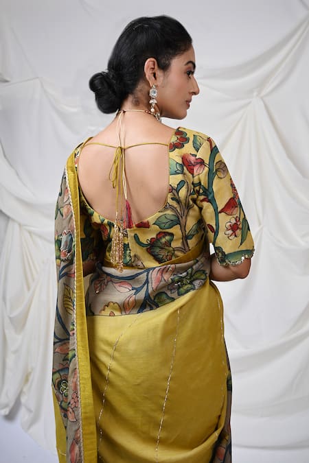 Shop_Aamra By Lavanya_Yellow Silk Hand Painted Flower Kalamkari Leaf Neck Blouse _at_Aza_Fashions