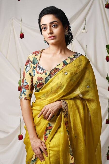 Aamra By Lavanya_Yellow Silk Hand Painted Flower Kalamkari Leaf Neck Blouse _Online_at_Aza_Fashions