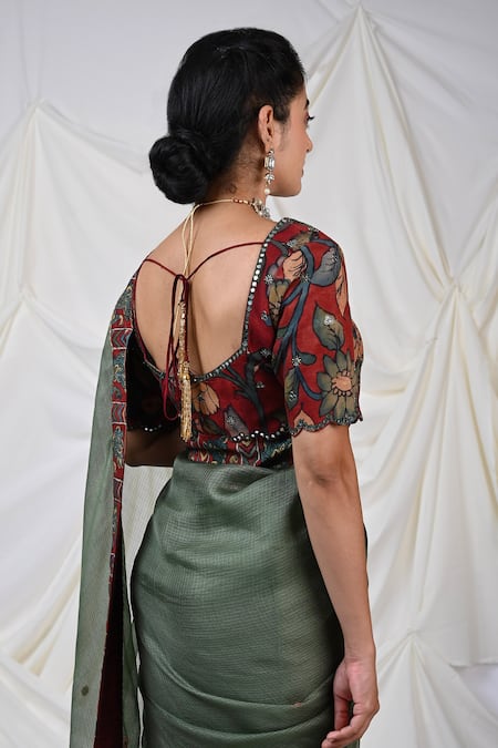 Shop_Aamra By Lavanya_Maroon Silk Hand Painted Botanical Kalamkari Square Neck Blouse _at_Aza_Fashions
