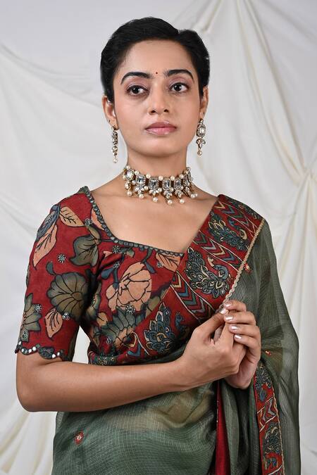Aamra By Lavanya_Maroon Silk Hand Painted Botanical Kalamkari Square Neck Blouse _Online_at_Aza_Fashions