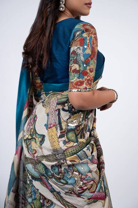 Shop Aamra By Lavanya Blue Raw Silk Hand Painted Floral Kalamkari Scallop V Neck Blouse at Aza Fashions Shop_Aamra By Lavanya_Blue Raw Silk Hand Painted Floral Kalamkari Scallop V Neck Blouse _at_Aza_Fashions