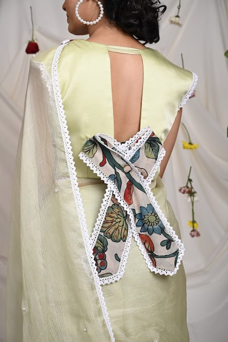 Shop_Aamra By Lavanya_Yellow Satin Hand Painted Pearl Peter Pan Collar Embroidered Blouse _at_Aza_Fashions