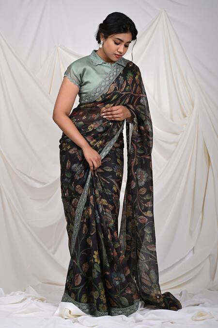 Aamra By Lavanya_Green Organza Embroidery Mirror Collar Placement Blouse _Online_at_Aza_Fashions