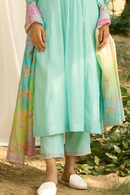 Priti Prashant_Blue Cotton, Silk Embroidery Round Neck Baya Smocked Kurta Set _Online_at_Aza_Fashions