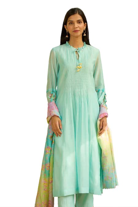 Buy_Priti Prashant_Blue Cotton, Silk Embroidery Round Neck Baya Smocked Kurta Set _Online_at_Aza_Fashions