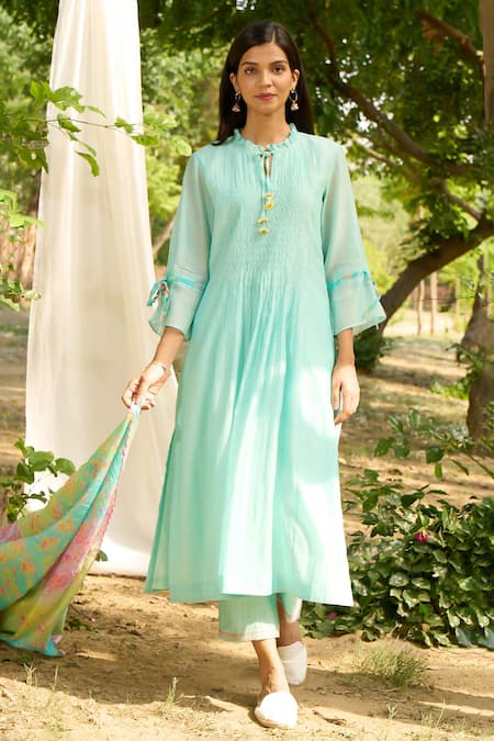 Shop_Priti Prashant_Blue Cotton, Silk Embroidery Round Neck Baya Smocked Kurta Set _Online_at_Aza_Fashions