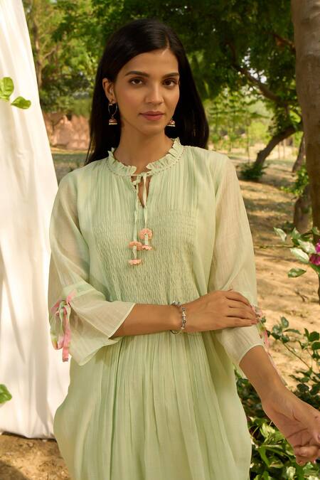 Shop_Priti Prashant_Green Cotton, Silk Embroidery Round Neck Baya Smocked Kurta Pant Set _Online_at_Aza_Fashions