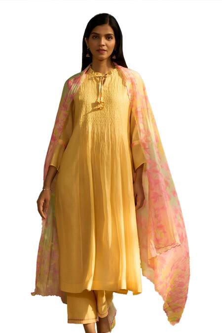 Buy_Priti Prashant_Yellow Cotton, Silk, Chiffon Embroidery Round Neck Baya Smocked Front Kurta Set _Online_at_Aza_Fashions