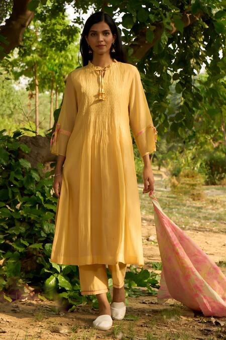 Shop_Priti Prashant_Yellow Cotton, Silk, Chiffon Embroidery Round Neck Baya Smocked Front Kurta Set _Online_at_Aza_Fashions