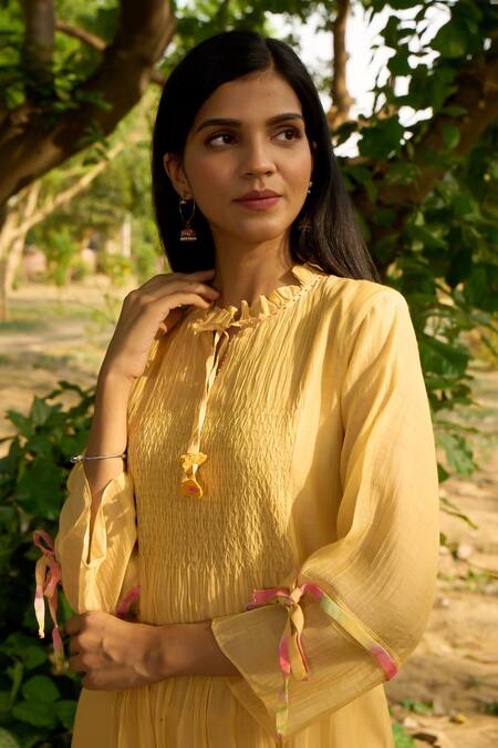 Buy_Priti Prashant_Yellow Cotton, Silk, Chiffon Embroidery Round Neck Baya Smocked Front Kurta Set 