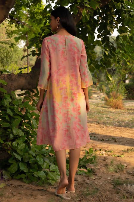 Shop Priti Prashant Peach Mul Cotton Silk Printed Orchid Floral Round Canary Dress at Aza Fashions Shop_Priti Prashant_Peach Mul Cotton Silk Printed Orchid Floral Round Canary Dress _at_Aza_Fashions