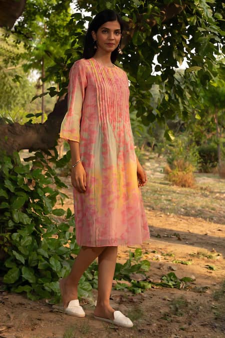 Shop Priti Prashant Peach Mul Cotton Silk Printed Orchid Floral Round Canary Dress Online at Aza Fashions Shop_Priti Prashant_Peach Mul Cotton Silk Printed Orchid Floral Round Canary Dress _Online_at_Aza_Fashions