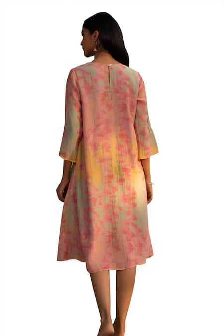 Priti Prashant Peach Mul Cotton Silk Printed Orchid Floral Round Canary Dress at Aza Fashions Priti Prashant_Peach Mul Cotton Silk Printed Orchid Floral Round Canary Dress _at_Aza_Fashions