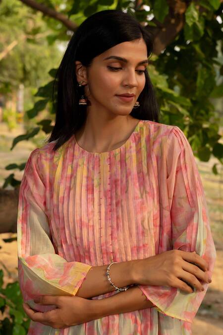 Buy Priti Prashant Peach Mul Cotton Silk Printed Orchid Floral Round Canary Dress Buy_Priti Prashant_Peach Mul Cotton Silk Printed Orchid Floral Round Canary Dress