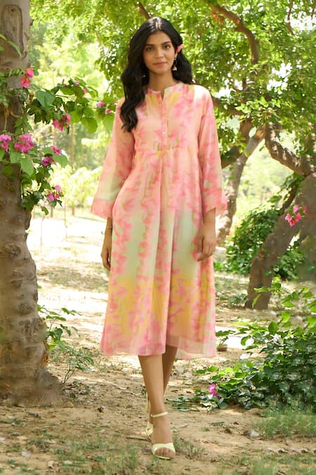 Priti Prashant Peach Mul Cotton Silk Printed Floral Notched Flamingo Dress 