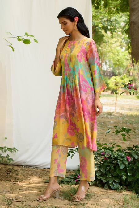 Shop Priti Prashant Multi Color Crepe Round Neck Goraiya Floral Print Kurta And Pant Co-ord Set Online at Aza Fashions Shop_Priti Prashant_Multi Color Crepe Round Neck Goraiya Floral Print Kurta And Pant Co-ord Set _Online_at_Aza_Fashions