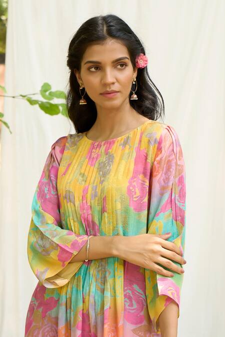 Buy Priti Prashant Multi Color Crepe Round Neck Goraiya Floral Print Kurta And Pant Co-ord Set Buy_Priti Prashant_Multi Color Crepe Round Neck Goraiya Floral Print Kurta And Pant Co-ord Set