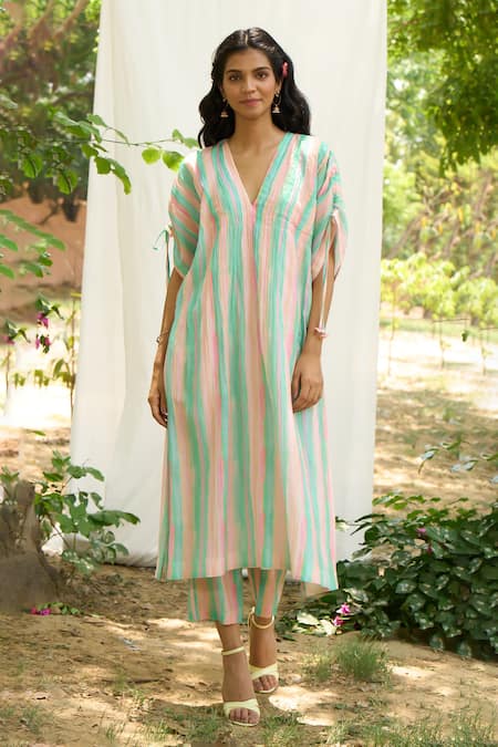 Priti Prashant Peach Mul Cotton Silk Striped V Neck Kaftan And Pant Set 