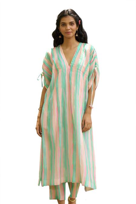 Buy_Priti Prashant_Peach Mul Cotton Silk Striped V Neck Kaftan And Pant Set _Online_at_Aza_Fashions