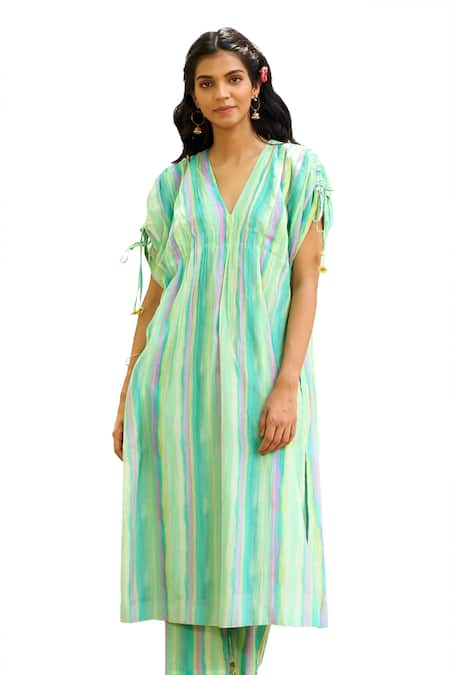Shop Priti Prashant Blue Mul Cotton Silk Striped V Neck Hummingbird Kaftan With Pant Online at Aza Fashions Shop_Priti Prashant_Blue Mul Cotton Silk Striped V Neck Hummingbird Kaftan With Pant _Online_at_Aza_Fashions