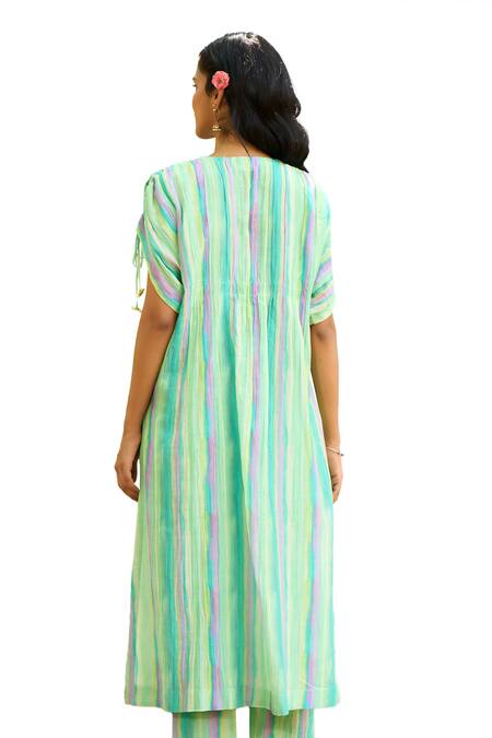 Shop Priti Prashant Blue Mul Cotton Silk Striped V Neck Hummingbird Kaftan With Pant Shop_Priti Prashant_Blue Mul Cotton Silk Striped V Neck Hummingbird Kaftan With Pant