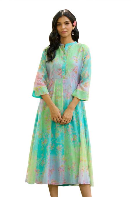 Priti Prashant Blue Mul Cotton Silk Printed Floral Band V Jay Dress Online at Aza Fashions Priti Prashant_Blue Mul Cotton Silk Printed Floral Band V Jay Dress _Online_at_Aza_Fashions