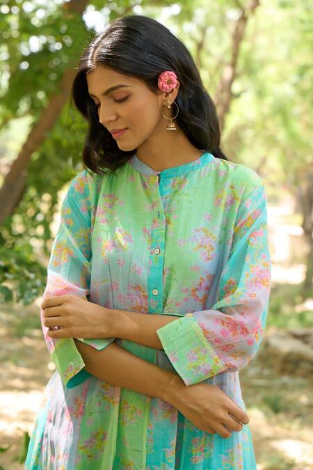 Priti Prashant Blue Mul Cotton Silk Printed Floral Band V Jay Dress at Aza Fashions Priti Prashant_Blue Mul Cotton Silk Printed Floral Band V Jay Dress _at_Aza_Fashions