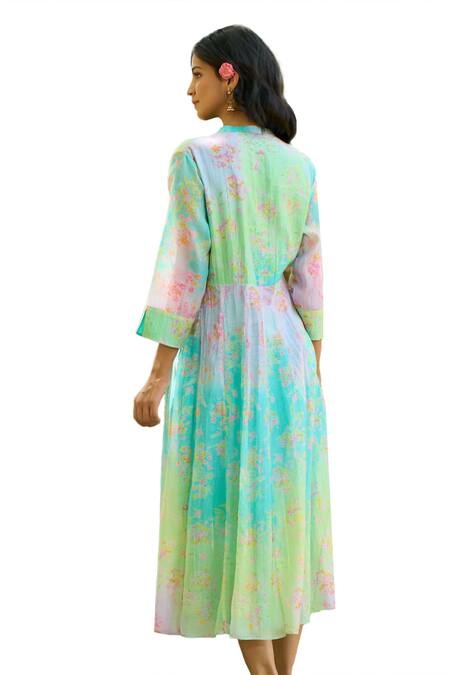 Buy Priti Prashant Blue Mul Cotton Silk Printed Floral Band V Jay Dress Buy_Priti Prashant_Blue Mul Cotton Silk Printed Floral Band V Jay Dress