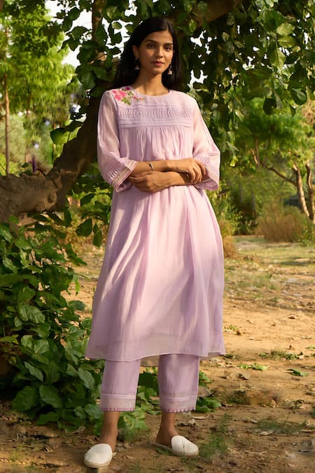 Buy Priti Prashant Purple Cotton, Silk Embroidery Round Neck Maina Pleated Kurta And Pant Co-ord Set Online at Aza Fashions Buy_Priti Prashant_Purple Cotton, Silk Embroidery Round Neck Maina Pleated Kurta And Pant Co-ord Set _Online_at_Aza_Fashions