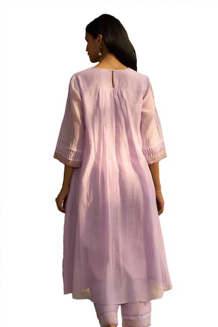 Buy Priti Prashant Purple Cotton, Silk Embroidery Round Neck Maina Pleated Kurta And Pant Co-ord Set Buy_Priti Prashant_Purple Cotton, Silk Embroidery Round Neck Maina Pleated Kurta And Pant Co-ord Set