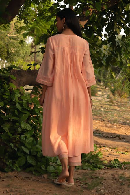 Shop Priti Prashant Peach Cotton, Silk Embroidery Round Neck Maina Pleated Kurta With Pant Set at Aza Fashions Shop_Priti Prashant_Peach Cotton, Silk Embroidery Round Neck Maina Pleated Kurta With Pant Set _at_Aza_Fashions