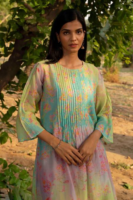Priti Prashant_Blue Crepe Round Neck Neelkanth Pleated Kurta With Striped Pant _Online_at_Aza_Fashions