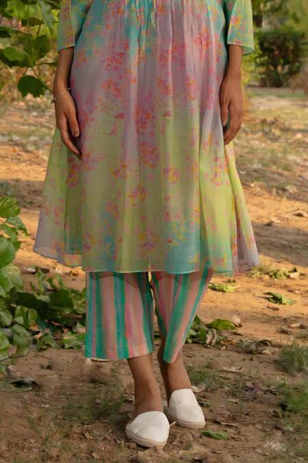 Buy_Priti Prashant_Blue Crepe Round Neck Neelkanth Pleated Kurta With Striped Pant _Online_at_Aza_Fashions