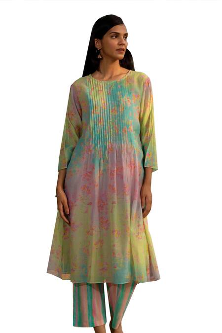 Shop_Priti Prashant_Blue Crepe Round Neck Neelkanth Pleated Kurta With Striped Pant _Online_at_Aza_Fashions