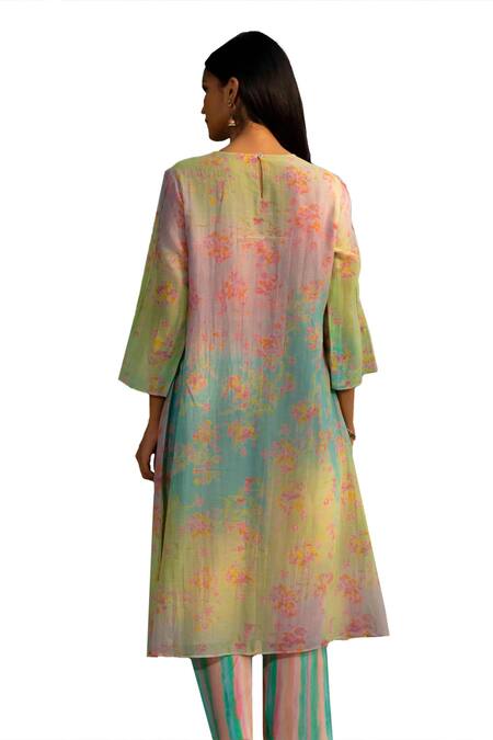 Buy_Priti Prashant_Blue Crepe Round Neck Neelkanth Pleated Kurta With Striped Pant 