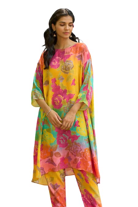 Buy_Priti Prashant_Multi Color Crepe Printed Floral Round Kaftan And Pant Set _Online_at_Aza_Fashions