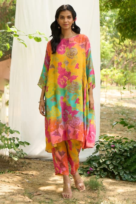 Shop_Priti Prashant_Multi Color Crepe Printed Floral Round Kaftan And Pant Set _Online_at_Aza_Fashions