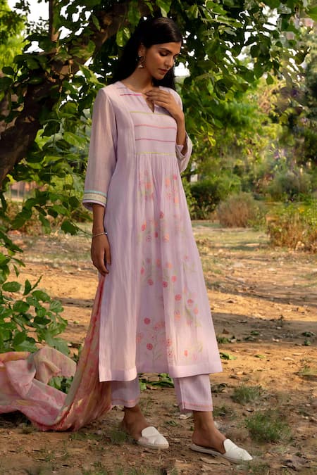 Buy_Priti Prashant_Purple , Satin, Muslin Embroidery Collared Papiha Floral Kurta Set _Online_at_Aza_Fashions