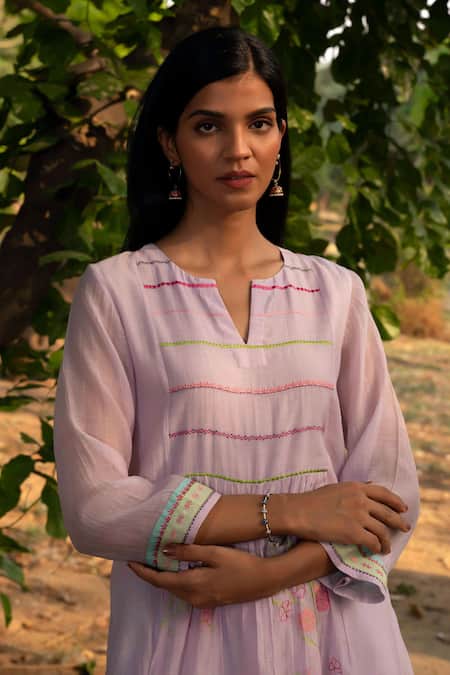 Shop_Priti Prashant_Purple , Satin, Muslin Embroidery Collared Papiha Floral Kurta Set _Online_at_Aza_Fashions