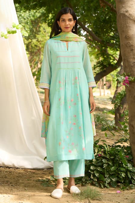 Priti Prashant_Blue , Satin Embroidery Split V-neck Papiha Floral Kurta Pant Set _Online_at_Aza_Fashions