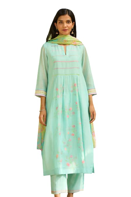 Buy_Priti Prashant_Blue , Satin Embroidery Split V-neck Papiha Floral Kurta Pant Set _Online_at_Aza_Fashions