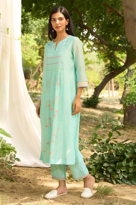 Shop_Priti Prashant_Blue , Satin Embroidery Split V-neck Papiha Floral Kurta Pant Set _Online_at_Aza_Fashions