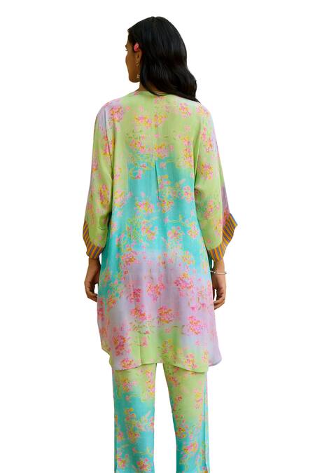 Shop_Priti Prashant_Blue Crepe Embroidery V-neck Peacock Floral Print Kurta And Pant Co-ord Set 
